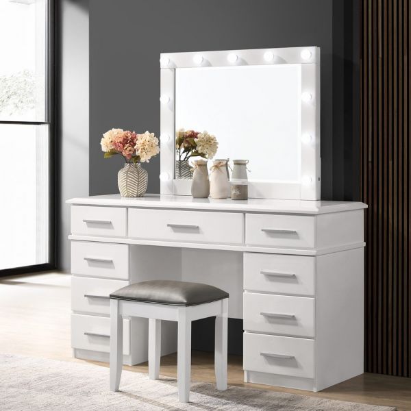 Felicity 9 Drawer Vanity Desk with Lighted Mirror in Glossy Felicity 9 Drawer Vanity Desk with Lighted Mirror in Glossy